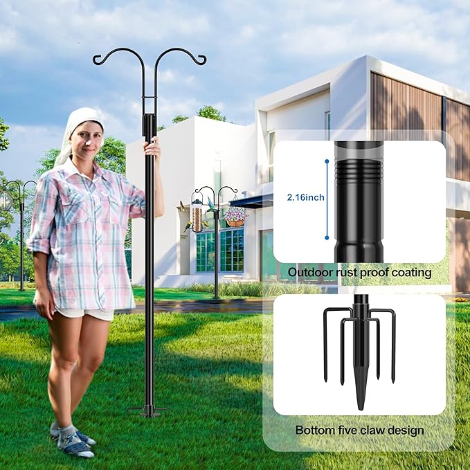 Ottsuls Bird Feeder Pole, 2 Pack 92 INCH Double Shepherds Hooks for Outdoor, Garden Pole with 5 Base Prongs Heavy Duty Planter Hooks for Hanging Plant Baskets, Lantern, Hummingbird Feeder