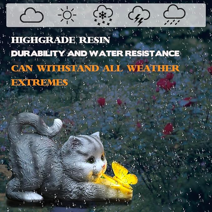 Solar Outdoor Garden Statues Decor-Cat Statue with Solar Butterfly Light for Patio Balcony Yard Lawn Ornament Thanksgiving for Mom Grandma Kids Friends, Cat B with Warm Light
