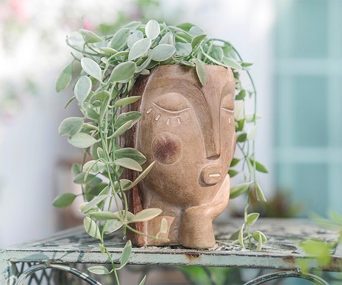Head Planters for Indoor Plants, Face Flower Pot Head Planter Succulent Planters Unique Face Planter with Drainage Hole - Rustic Thinking Girl Closed Eyes