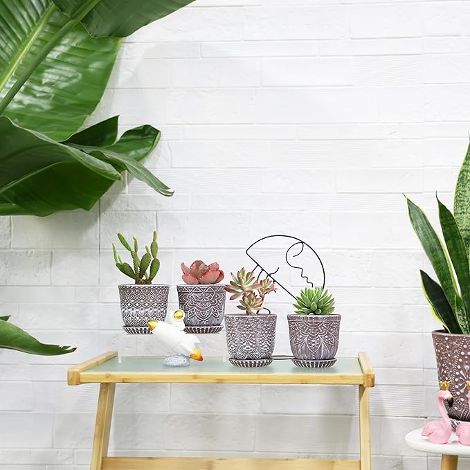 Gepege Succulent Pots, 4 Inch Small Indoor Ceramic Planter Pot with Drainage Holes and Saucers for Plants - Set of 4