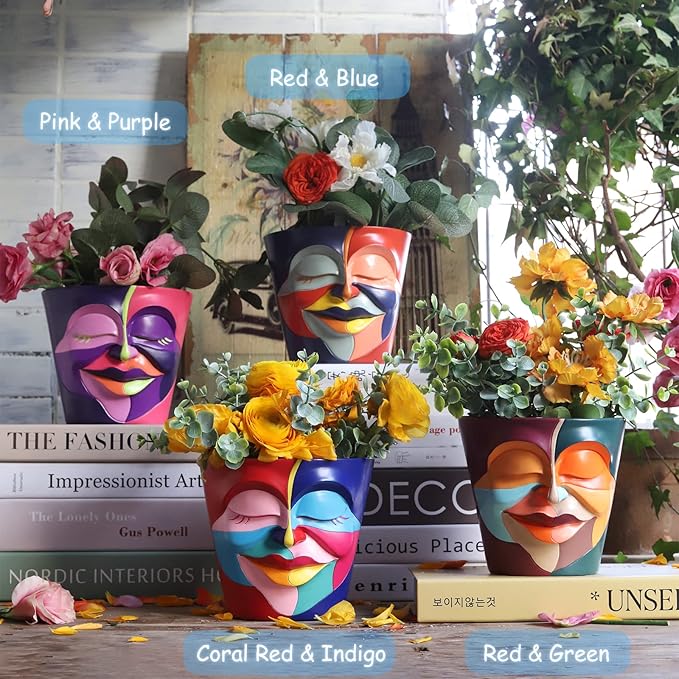 GUGUGO Abstract Rainbow Head Planter, Unique Face Plant Pot with Drainage, Cute Eclectic Flower Planters Pots for Indoor & Outdoor Plants, Colorful Funny Room Decor