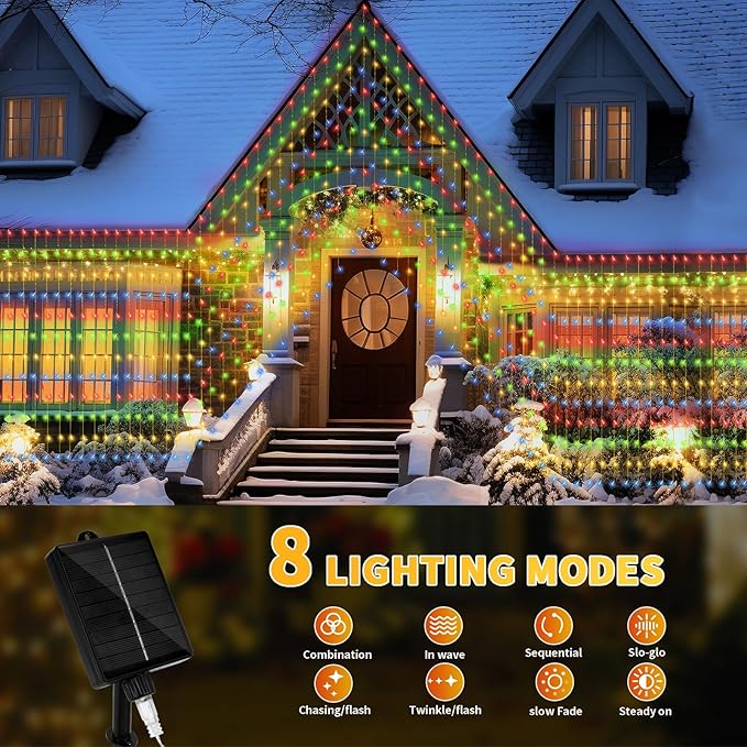 32.8 * 6.56FT Large Size Solar Curtain Lights Outdoor, 8 Modes String Icicle Lights, Garden Christmas Decortions for Patio, Gazebo, Eaves, Fence, Tree, Porch (Multicolor)