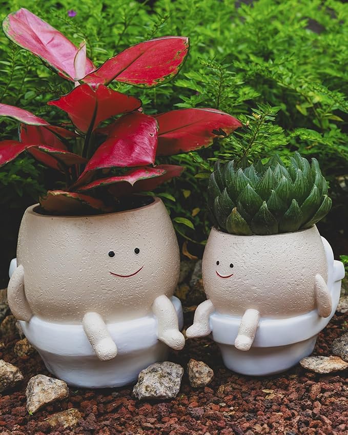 Smily Face Planter Pot Funny Toilet Plant Pots Cute Resin Flower Head Planters Succulent Pots for Indoor Outdoor Plants Unique Bathroom Planter with Drainage Hole (Small)