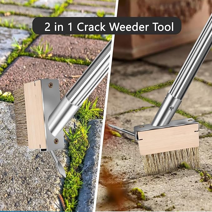mcwdoit Crack Weeder Tool, Weed Puller Tool with 2 Heads&Scraping Hook, Paver Weeding Moss Remover Brush with Steel Handle for Cleaning Paving Joint Sidewalk Patio Stone Driveway Deck Black