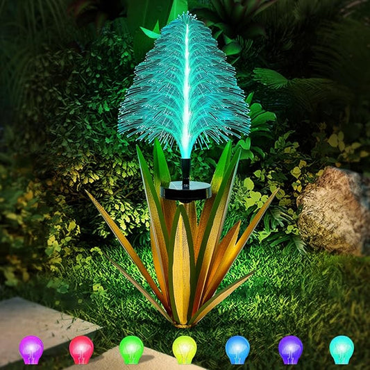 Metal Outdoor Decoration Gift Metal Agave Plants Outdoor Decor, Agave Yard Art Garden Lights Solar Outdoor, 7 Color Changing Garden Yard Pathway Xmas Decor Waterproof (1 pcs Light Green)