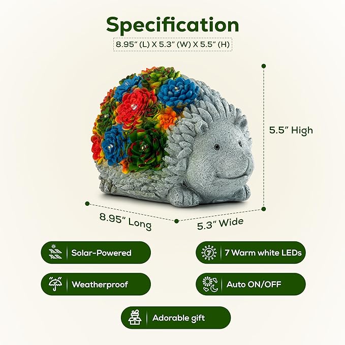 Solar Garden Statue – Cute Hedgehog with 7 Warm LED Lights, Solar-Powered & Weatherproof – Outdoor Lawn, Patio & Yard Décor – Charming Gift for Home & Garden Lovers