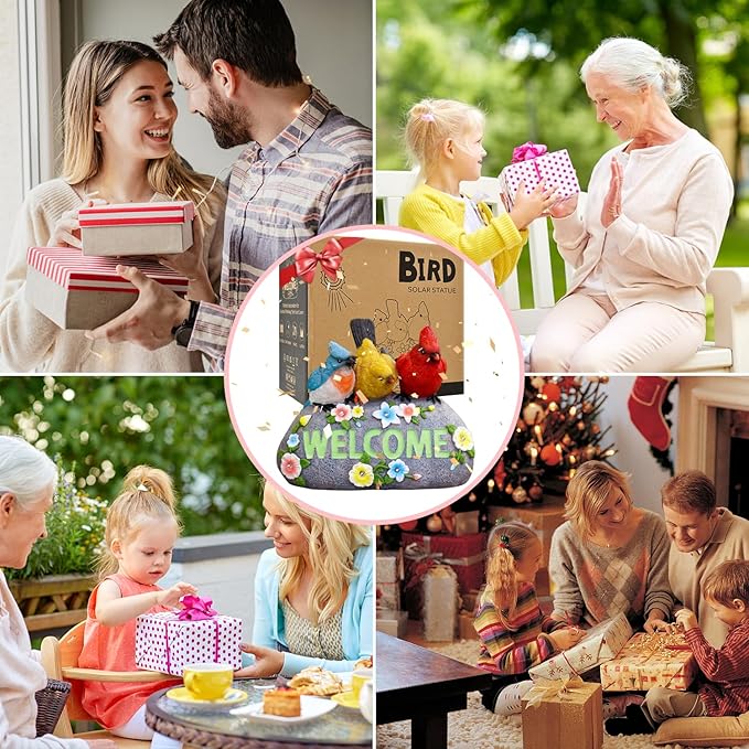 Solar Birds Welcome Sign - Outdoor Bird Decor with Solar LED Lights - Elegant and Charming Figurines for Women, Moms & Garden Enthusiasts