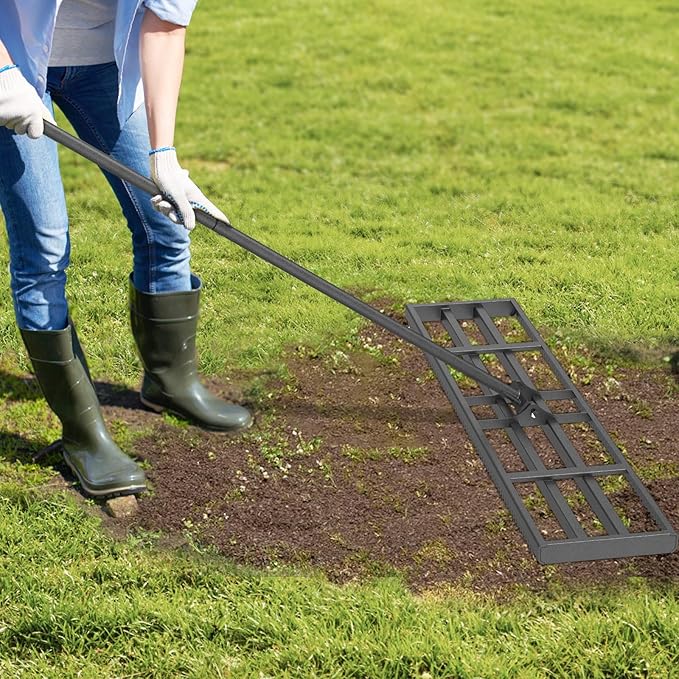 Lawn Leveling Rake with Rounded Edges, 42 x 10'' Leveling Rake with Tines for Soil, Heavy Duty Lawn Leveler with 7FT Handle, Ground Level Tool for Farm, Garden, Backyard
