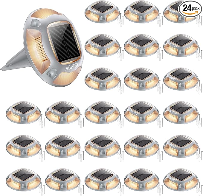 AGPTEK Solar Driveway Lights 24 Pack, 2 Colors in 1 Outdoor Solar Deck Dock Marine Waterproof LED Driveway Marker Security Lights for Outside Pathway,Boat Dock,Step,Walkway,Path,Garden