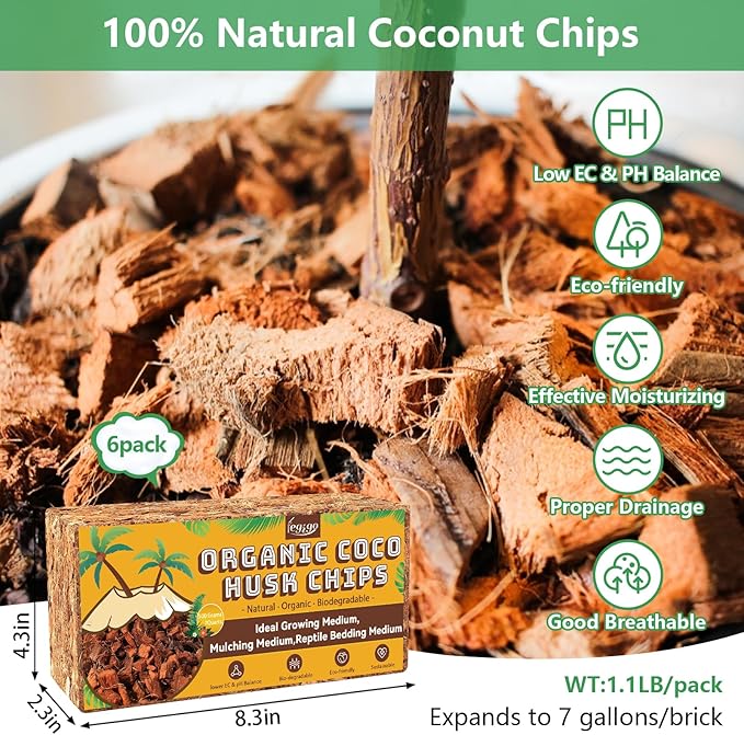 Legigo 6 Pack Coco Husk Chips- 6.6 LB 100% Organic Coconut Coir Chips Brick Potting Soil Mix with Low EC & PH Balance, Compressed Coconut Substrate Coco Chips Mulch Medium for Garden, Flowers, Plants