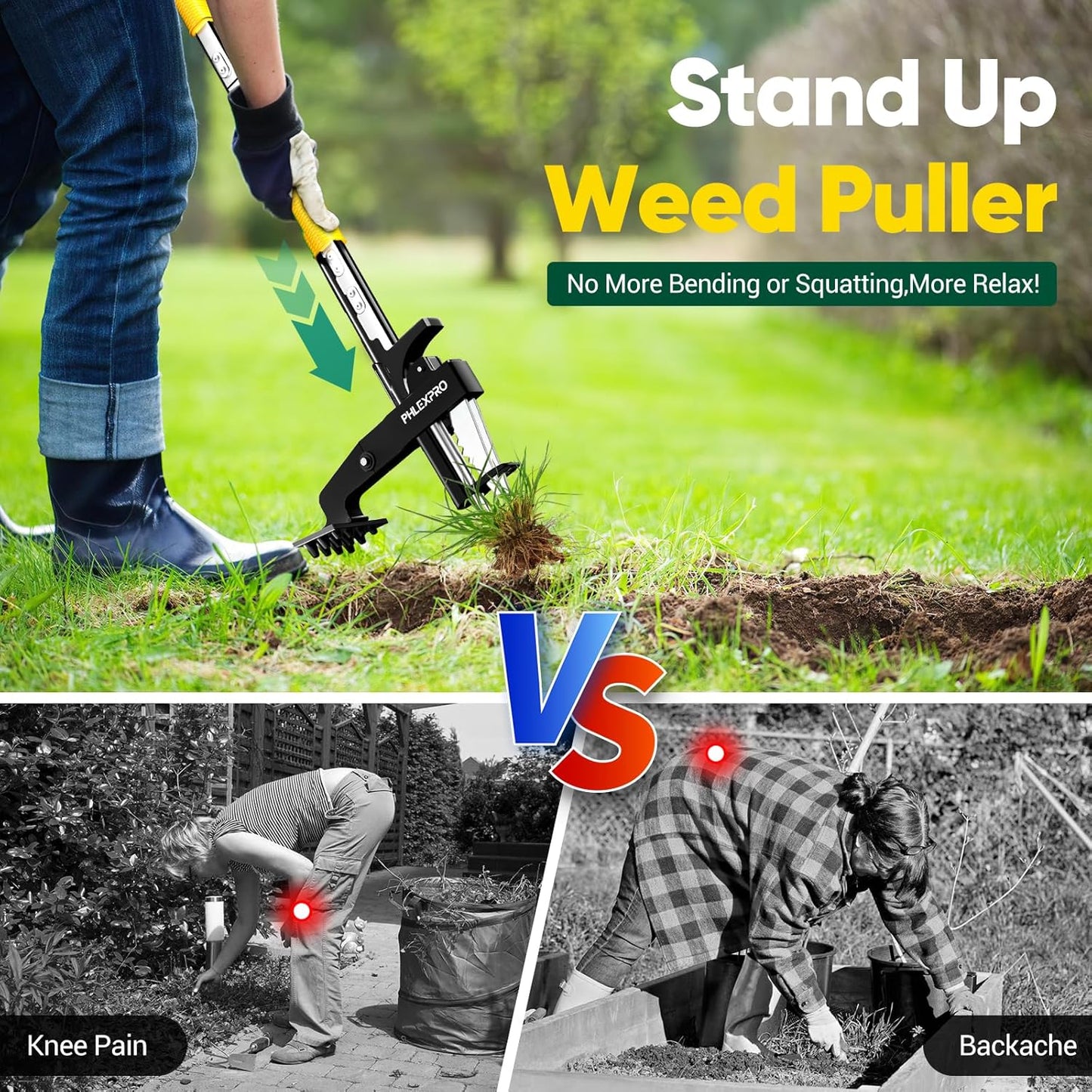 4-Claw Stand Up Weed Puller Tool, Gardening Hand Weeding Tool with 39.3" Long Ergonomic Handle with Easy-Eject Mechanism-Yellow