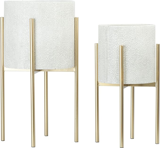 Main + Mesa Modern Boho Embossed Metal Planters with Stands, White and Gold, Set of 2 Sizes