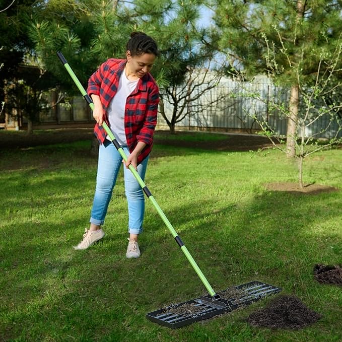 Lawn Leveling Rake 30x10 inch,Stainless Steel Lawn Leveler with Green Positioning Stakes,6.3FT Adjustable Long Handle,Heavy Duty Level Lawn Tool for Backyard, Garden, Golf Course, Farm, Pasture