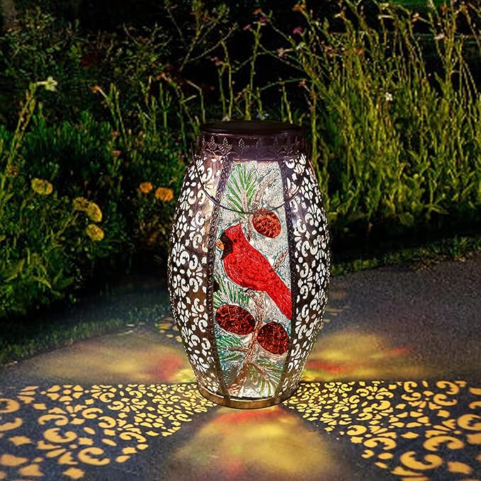 Outdoor Solar Lantern-Waterproof Cardinal Hanging Metal Decorative Lights for Patio Table Garden Pathway Yard with Super Bright Warm White LED, Large Solar Panels, Auto On/Off Sensor