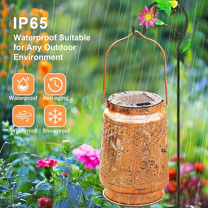 Hummingbird Solar Lanterns Outdoor Garden Decor, Birthday Gifts for Women Mom Grandma Hanging Metal Solar Lights Waterproof Decoration LED Lantern with Shepherd Hook for Outside Garden Yard Patio Lawn