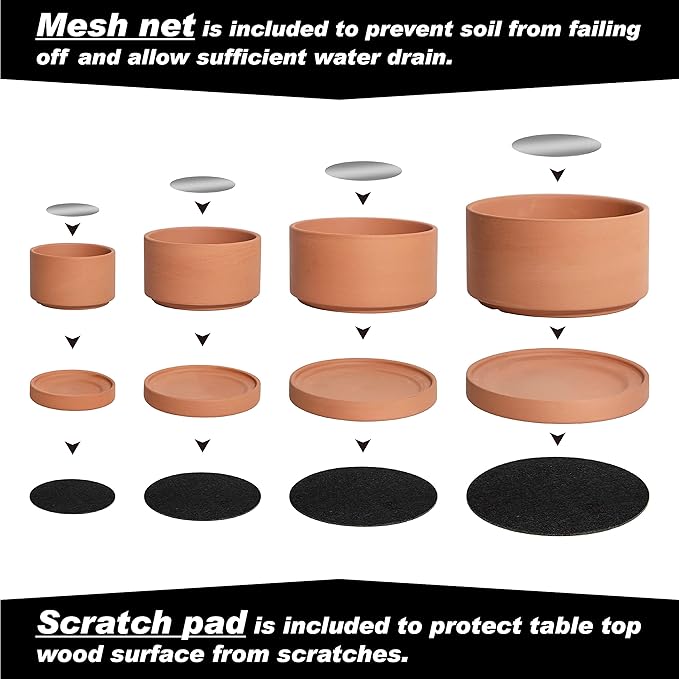 D'vine Dev Set of 4 Terracotta Shallow Planter Pots for Succulent, 3 Inch 4 Inch 5 Inch 6 Inch, Small Flower Plant Pots with Drainage and Saucer, 40-Z-0