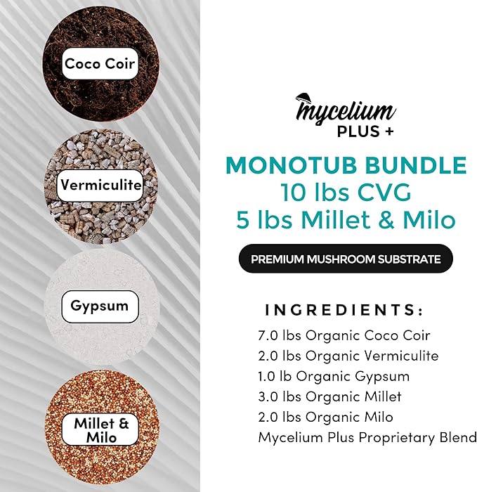 Mycelium's Dung-Loving Mushroom Monotub Bundle – 10LB Substrate & 5LB Millet/Milo | Expertly Prepared for Peak Mycelium Growth | Nutrient-Dense for Home Growers | Complete with Cultivation Enhancer