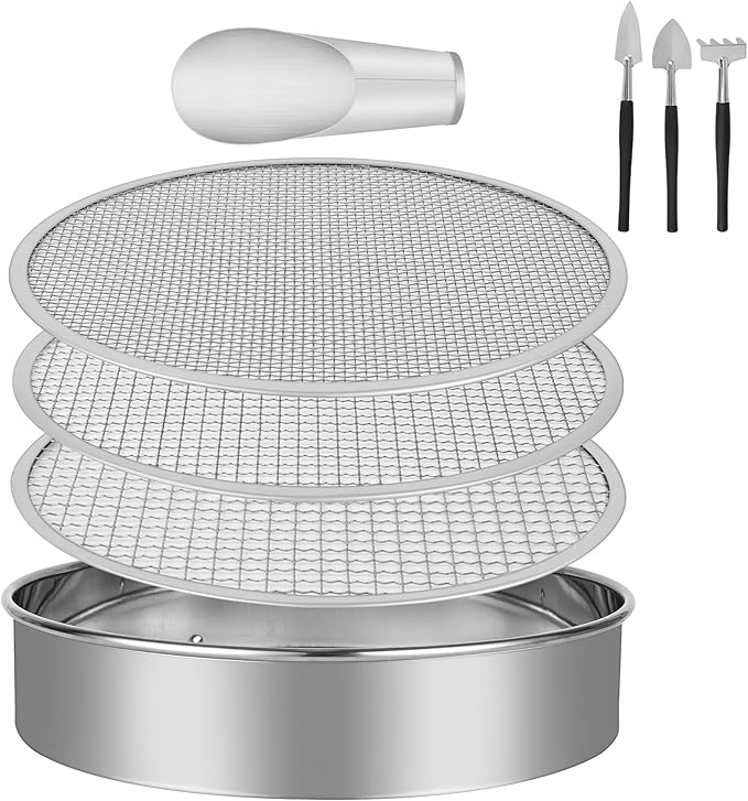 LABALPHA Soil Sifter for Gardening Set, Stainless Sifting Pan Soil Sand Sieve with 4pcs Garden Shovels, 9.84" Sifting Pan Contain 3 Sieve Mesh (0.118", 0.236",0.354")