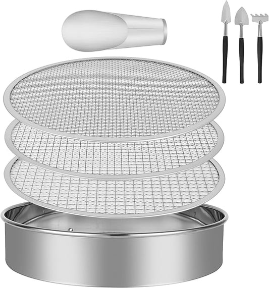 LABALPHA Soil Sifter for Gardening Set, Stainless Sifting Pan Soil Sand Sieve with 4pcs Garden Shovels, 9.84" Sifting Pan Contain 3 Sieve Mesh (0.118", 0.236",0.354")