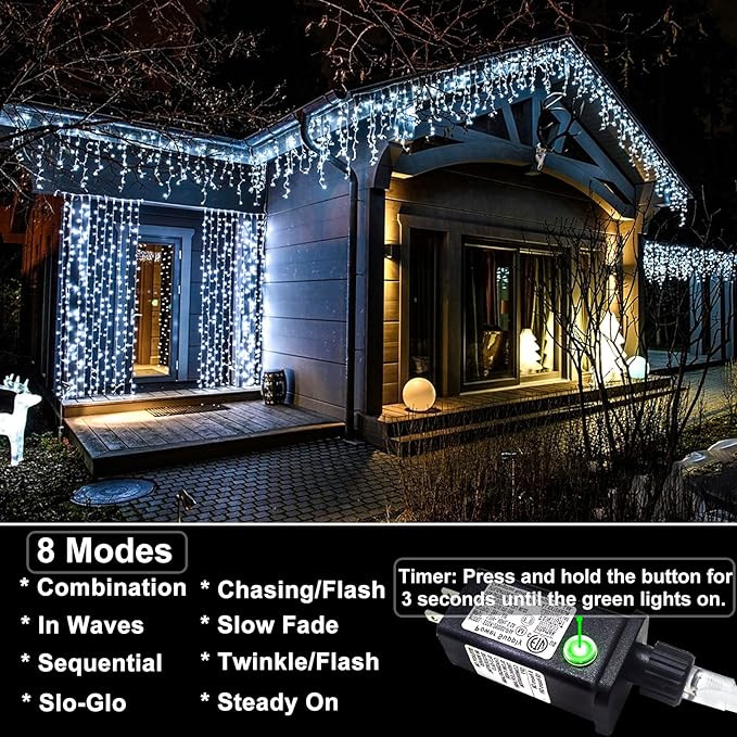 132ft Icicle Lights for Outside, 1280 LED White Christmas Lights Outdoor with 240 Twinkle Drops, 8 Modes Plug in Waterproof Timer Memory for Tree Wedding Party House Patio Eave Yard Holiday Decoration