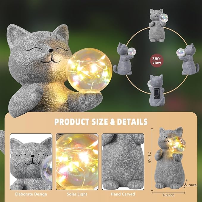 Cat Garden Statue with Solar Ball Light 7.3" Resin Cat Figurine Waterproof for Front Proch Patio Lawn Yard Balcony Decor Birthday Housewarming Gifts for Women Sister Girlfriend Grandma