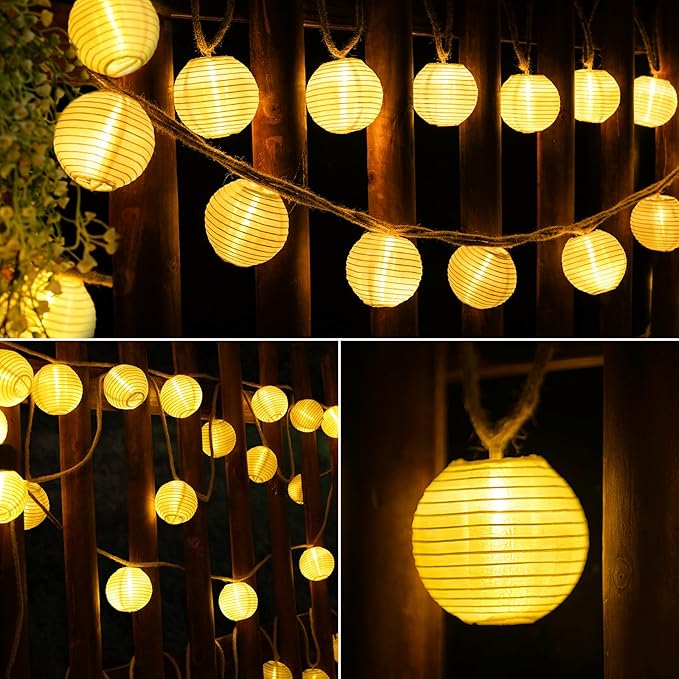 OMIKA Lantern String Lights Plug in- 40ft 40LED 2700K Warm White Mini Lantern Lights Waterproof, Hanging Hemp Rope String Lights Indoor Outdoor with Remote, Timer for Porch Fence Balcony Party Trees
