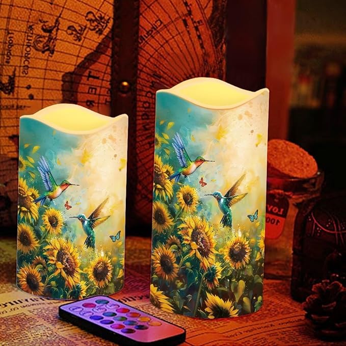 Ystardream Art Sunflower Hummingbird Flameless Candles for Outdoor Indoor Color Changing LED Candles with Remote Timer Battery Operated Candles for Valentines Wedding Home Decoration Gifts