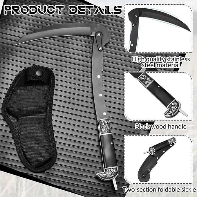 WILLBOND Black Sharp Folding Sickle Garden Tool Portable Safety Grass Hand Sickle Knife with Sheath Wooden Handle 2 Sections for Gardening Farming Lawn Grass Weeds Hand Tools