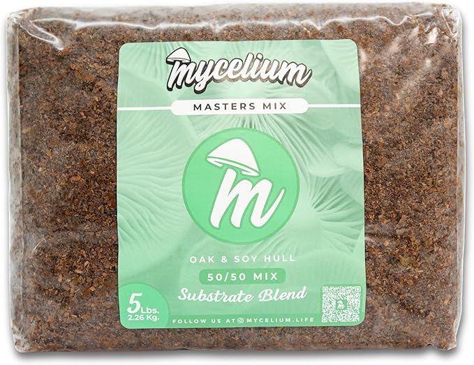 Mycelium Masters Mix Substrate – Oak & Soy Hull 50/50 Blend - Ideal for Gourmet & Functional Wood-Loving Mushrooms - Sterilized 5LB Bag for High Yield Cultivation