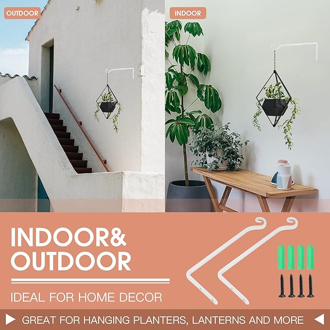 Jardim 2 Pack 10 Inch Premium Decorative Metal Iron Wall Hangers for Home Decor, Indoor Outdoor Plant Bracket Rustic Hanging Gardening Hooks for Planters, Bird Feeders, Lanterns, Wind Chimes (White)