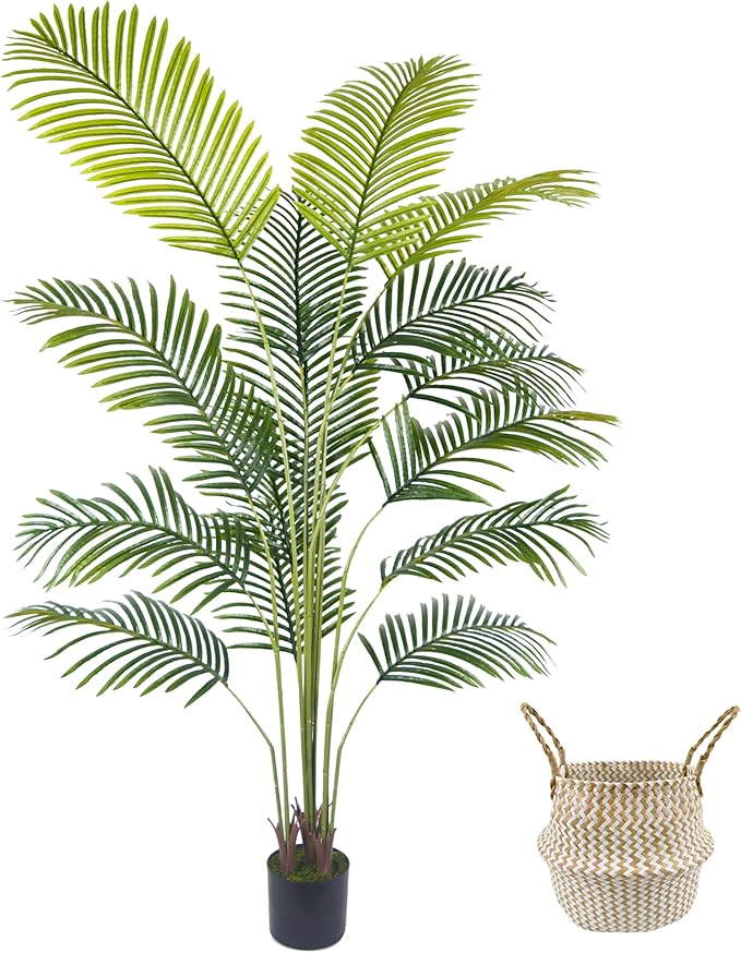 Artificial Palm Tree, 6ft Fake Areca Palm Plant with Basket, Tropical Faux Dypsis Lutescens Plants for Indoor Outdoor Home Office Shop Garden Décor