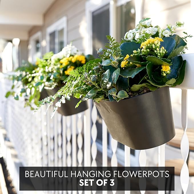 Beautiful Hanging Flower Pots for Outside Railing Or Fence - Stylish Set of 3 Outdoor Planters For Any Balcony, Porch or Deck - Window Planter Boxes Are Perfect to Grow Fresh Herbs & Flowers at Home