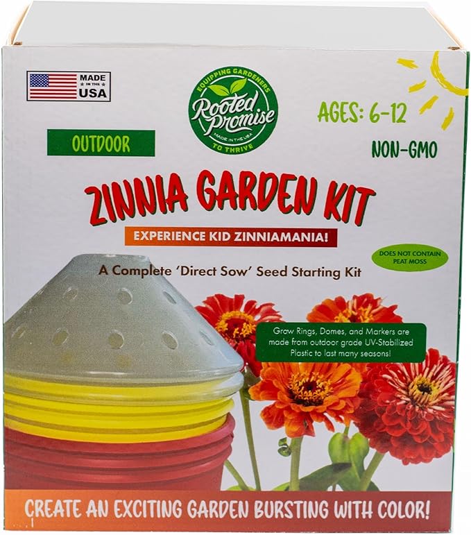 Kids Outdoor Zinnia Garden Kit - Complete Kit for Growing Your Own Zinnias from Seeds with Grow Rings and Greenhouse Germination Domes, Non-GMO Seeds, BPA-Free