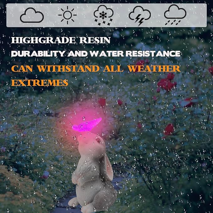 Solar Outdoor Garden Statues Decor-Rabbit Statue with Solar Butterfly Light 7 Colors Change for Patio Lawn Ornament Thanksgiving for Mom Grandma Kids, Bunny with Color Change