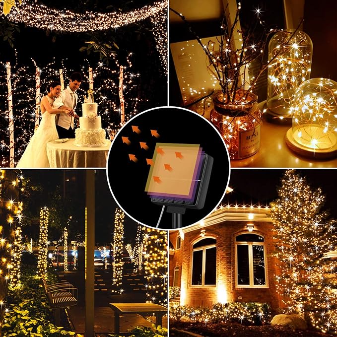 Outdoor Solar String Lights Waterproof 288Ft, 4-Pack Each 72FT 200 LED Solar Powered Fairy Lights with 8 Lighting Modes, Copper Wire Lights for Patio, Garden, Party, Wedding (Warm White)