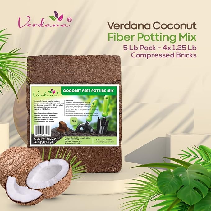 Verdana Coco Coir Brick Potting Mix – 5 Lb Pack - 4X 1.25 Lb Compressed Bricks - Coconut Fiber, Coco Peat - Alternative to Peat Moss – Soilless Growing Medium - Low EC, Optimum pH, High Expansion
