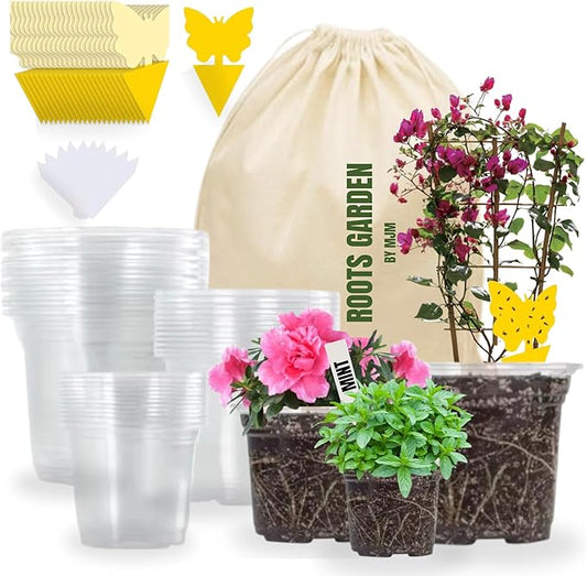 Roots Garden Eco-Friendly 30 Pack Clear Pots with Drainage-5/4/3.5 Inch-Durable and Reusable Pots for Indoor and Outdoor Plants-Plastic Planter Pots-20 Stickers and10 Plant Labels.