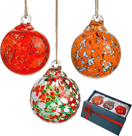 Set of 3 Blown Glass Christmas Ornament Balls for Christmas Tree Decor Glass Gazing Balls for Garden Patio Decor Glass Hanging Xmas Ornament Balls Gifted Box