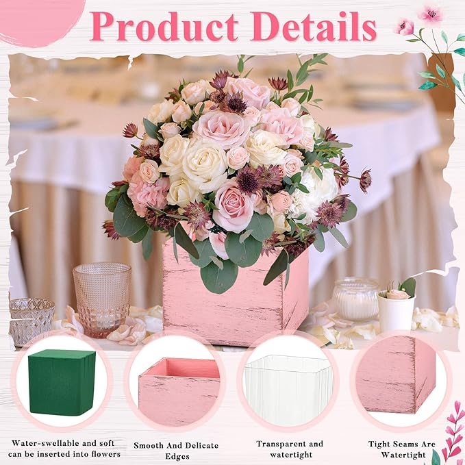 Dandat 4 Set Wood Cube Planter Box Square Wood Vase Rustic Cube Planter Box with Removable Plastic Liner Floral Foam Blocks for Centerpieces Home Wedding Garden Decor, Country Style (Pink)