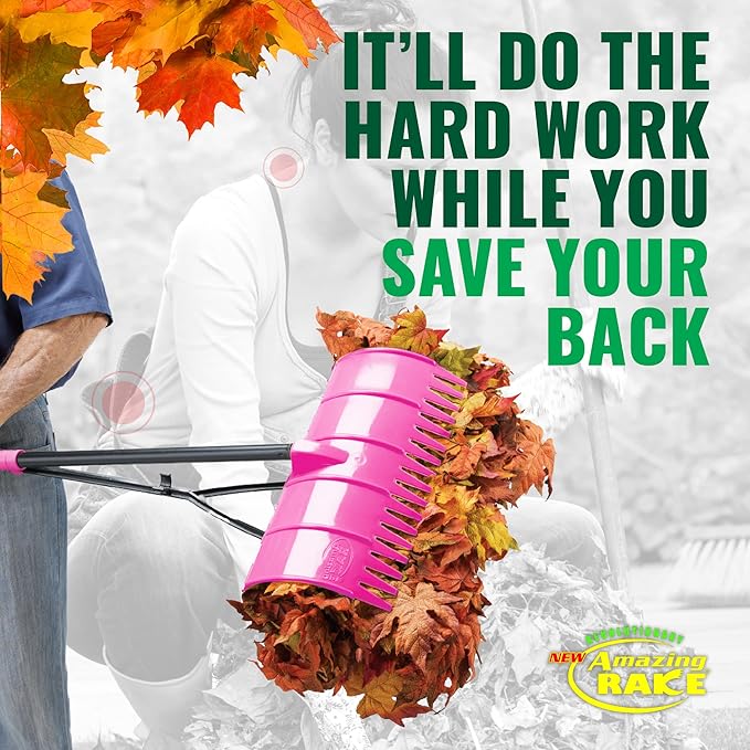 Amazing Rake Back Saving Garden Rake ― Leaf Rakes for Gardening ― Leaf Picker Upper ― Heavy Duty Leaves Claw & Rakes Lawns Garden Tool ― Easy Leaf & Grass Grabber Without Bending Over ― Hot Pink
