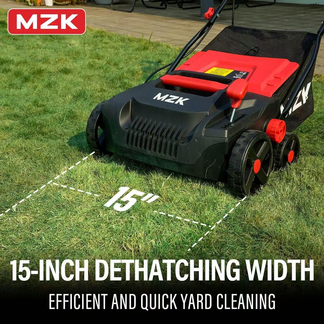 MZK 15-inch 2-in-1 Electric Dethatcher and Scarifier w/Removeable 5-Position Height Adjustment,Lawn dethatcher w/12-Gallon Thatch Collection Bag,Keep Lawn Health,DS15A03
