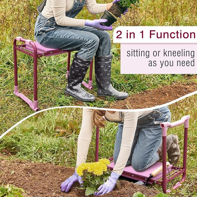 Colwelt Garden Kneeler Upgraded, Garden Kneeler Stool with Rugged & Sturdy Steel Frame, Garden Seat and Kneeler Bench with Tool Pouch, EVA Foam Pad Protects Your Knees(Purple)