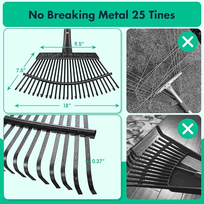 Rake - 65 Inch Long Garden Leaf Rake, 18 Inch Wide Heavy Duty Leaf Rake for Shrub with 25 Metal Tines,Yard Thatching Rake with Ergonomics Adjustable Handle for Picking Leaves,Grass Clippings Garbage