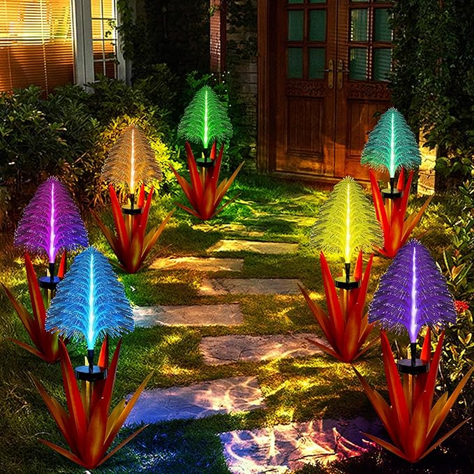 Metal Outdoor Decoration Gift Christmas Decorations Outdoor Metal Agave Yard Art Garden Lights Solar Outdoor, 7 Color Changing Garden Yard Pathway Xmas Decor Waterproof & Solar Powered(2pcs red)