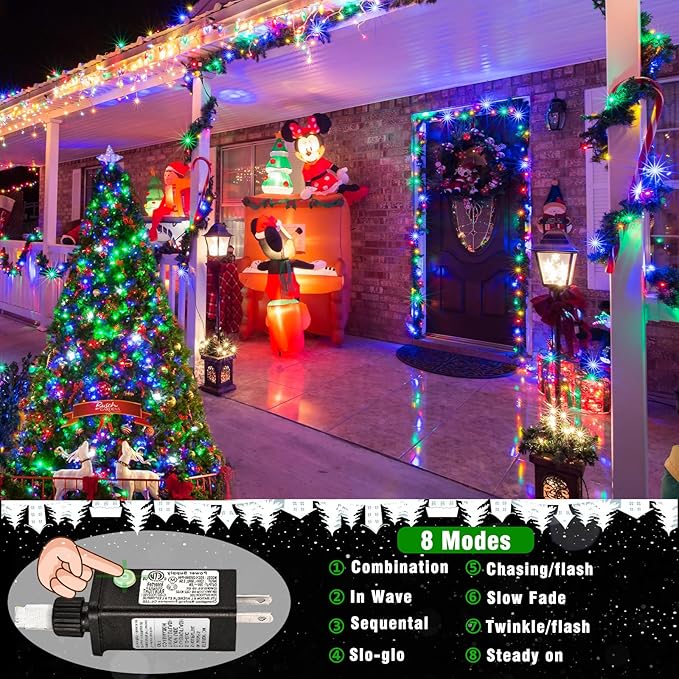 33ft Christmas Lights Outdoor Waterproof, 100 LED String Lights for Bedroom Clear Wire with 8 Modes, Plug in Twinkle Fairy String Light for Indoor Outdoor Home Party Garden Decorations, Multicolor