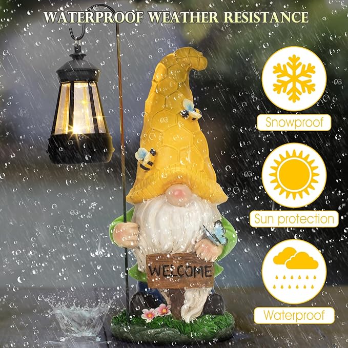 12.6'' Solar Garden Gnomes Outdoor Statues with Lantern, Welcome Gnome Garden Outdoor Decor Gift Waterproof Decoration for Patio, Balcony, Yard Ornament - Unique Housewarming Gifts