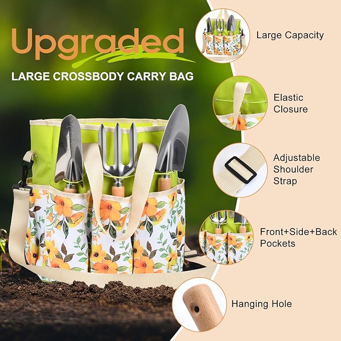 Garden Tools Set, Heavy Duty Gardening Hand Tools with Shoulder Crossbody Garden Tote Bag, Rust-Proof Garden Tools with Wood Handle, Ideal Gardening Gifts for Women Men