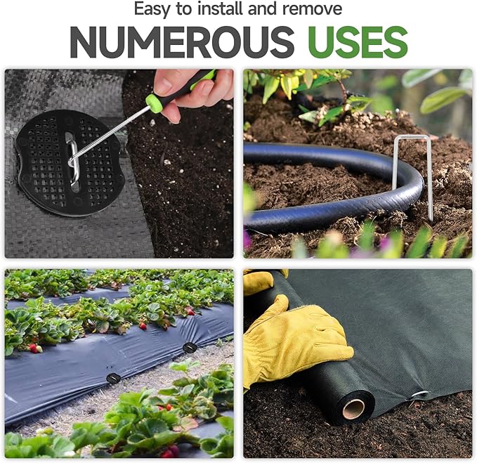 Landscape Staples Set,6 Inch 11 Gauge 200pcs Galvanized Garden Stakes and 200pcs Gaskets +1Pick Hook,U-Shaped Tent Stakes Landscaping Fabric SOD Pins for Weed Fabric Barrier,Groud Cover,Fence