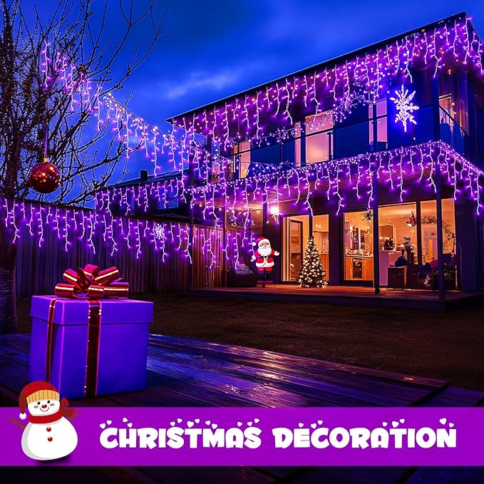 JMEXSUSS 800 LED Purple Icicle Lights Outdoor, Purple Icicle Christmas Lights Indoor Plug in with Remote, Purple Christmas Lights for Outside Fireplace Eave Yard Christmas Decor