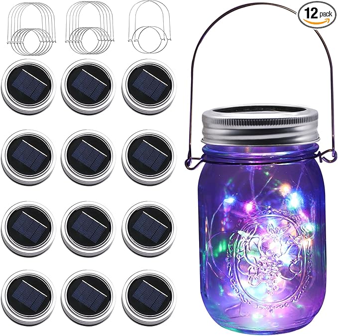 Solar Mason Jar Lights [Upgraded], 12 Pack 30 LED Firefly Fairy String Lights, Waterproof Outdoor Solar Mason Jar Lid Lights with Hangers(NO JARS) for Patio Garden Yard Wedding Decoration - Multicolor